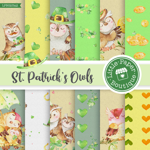 St Patrick's Day Owls Watercolor Digital Paper LPB023A2